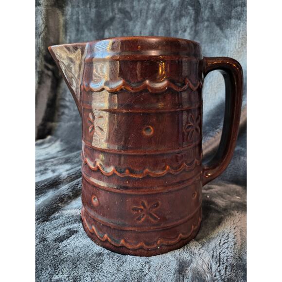 VINTAGE MARCREST BROWN STONEWARE PITCHER DAISY & DOT PATTERN - Picture 3 of 12